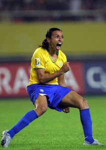 HANGZHOU, CHINA - SEPTEMBER 27: Marta Vieira Da Silva #10 of Brazil reacts after scoring a goal against USA during the semifinal of the Women's World Cup 2007 at Hangzhou Dragon Stadium on September 27, 2007 in Hangzhou, China. (Photo by Ronald Martinez/Getty Images)